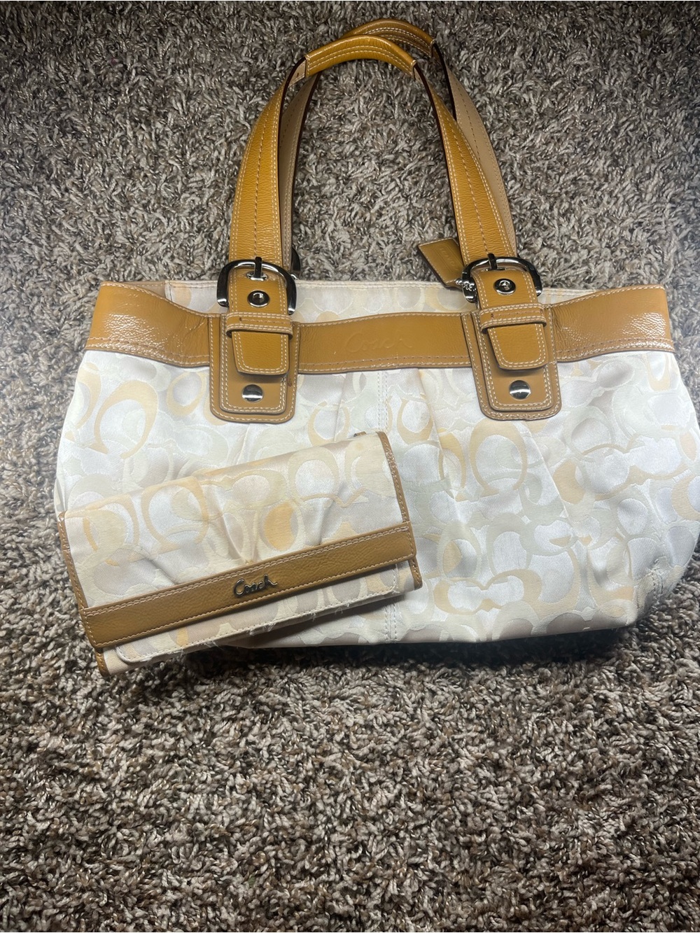 Vintage Coach Cream Signature Canvas Tote with Saddle Tan Trim and Wristlet